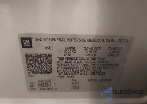 2018 Chevrolet Equinox Lt from USA, damaged, VIN 3GNAXSEV4JL387633